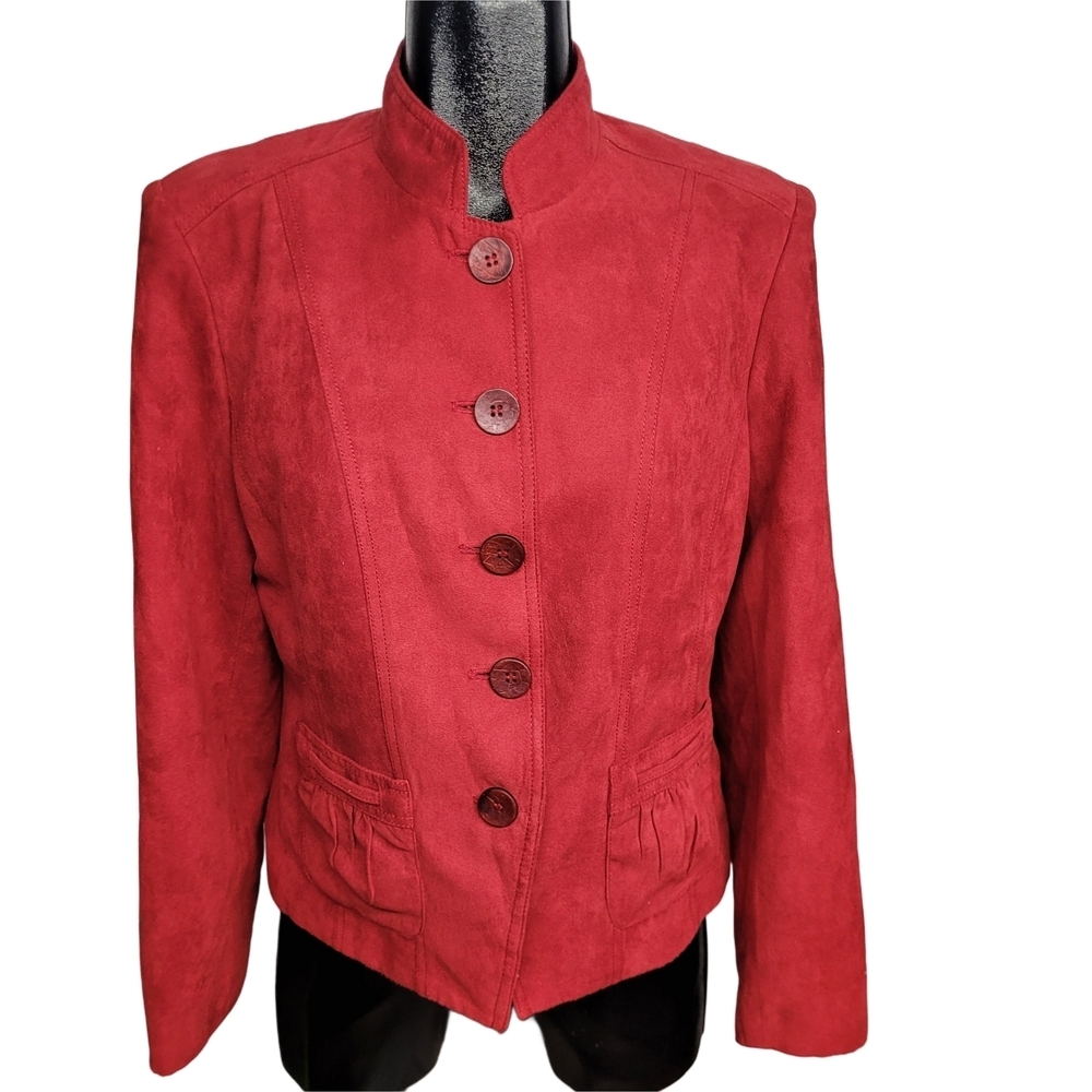 Laura Red Button-Up Velour Blazer Jacket Size 10